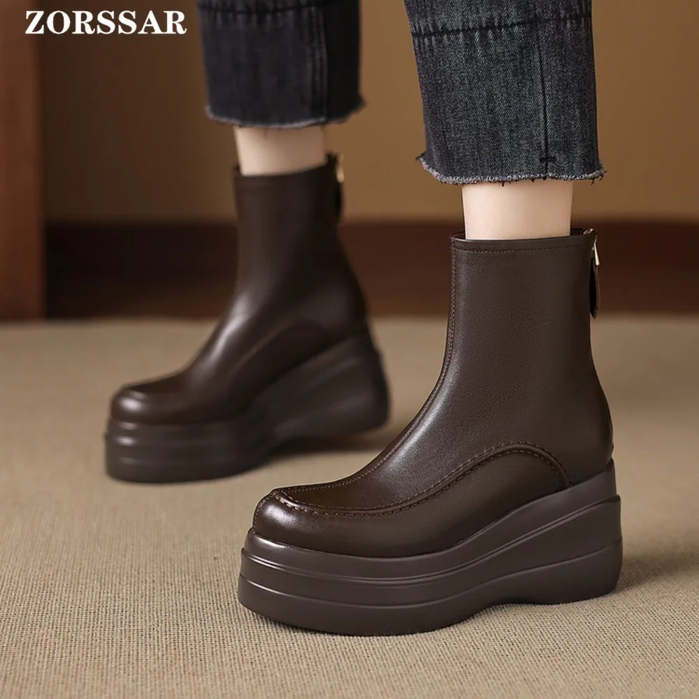 

Женские ботинки на танкетке, черные осенние ботильоны для женщин, женская кожаная обувь на очень высоком каблуке, короткие ботинки на молнии сзади