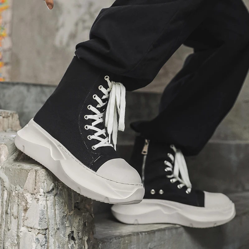 

High Top Women Sneaker Quality Black Ankle Boot Brand Men Shoe Casual Fashion Zipper Metal Platform Canvas Street Shoe Men