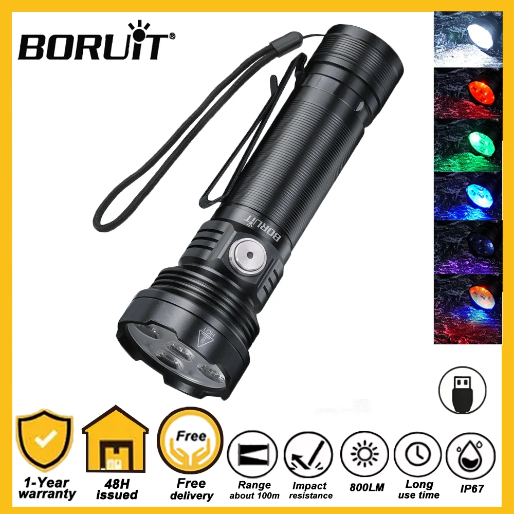 BORUiT Мощный светодиодный фонарик, 5-цветный источник света, аккумулятор 18650, тип-C, перезаряжаемый фонарь, фонарь для кемпинга, рыбалки, УФ-свет
