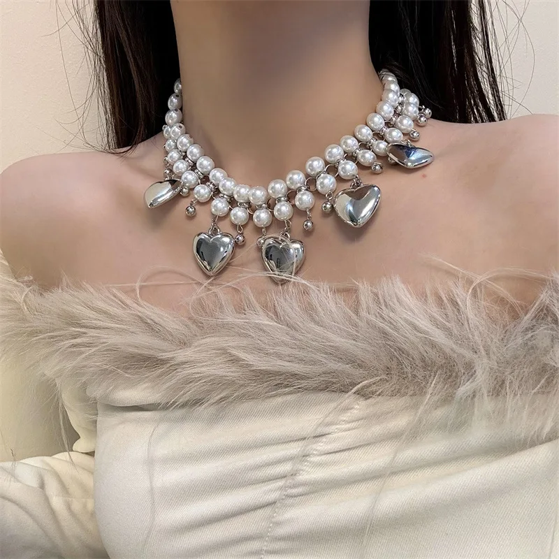 Light luxury small crowd sweet and cool double-layer pearl necklace with great love