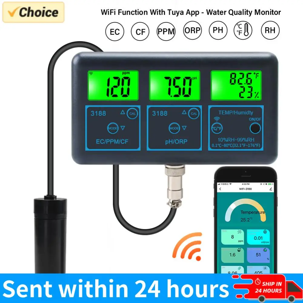 

WiFi 7 in 1 Water Quality Monitor PH ORP EC PPM CFR Humidity Temperature Multi-Parameter Water Analyzer for Aquarium Aquaculture