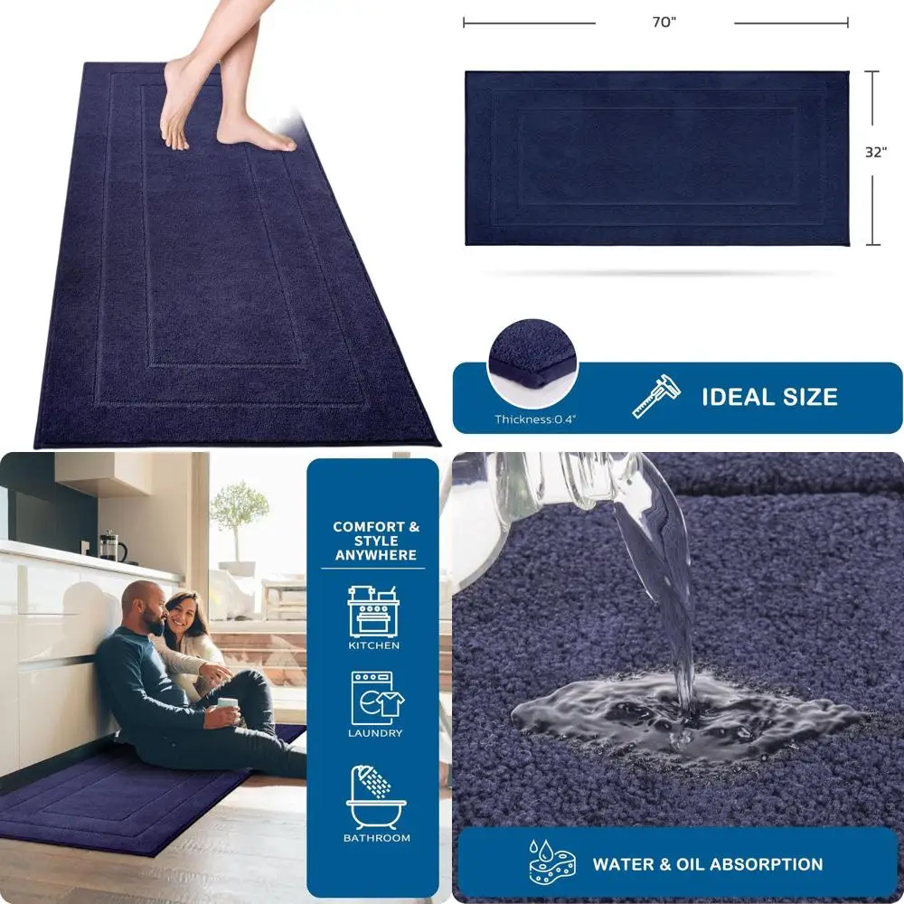 

Navy Blue 32 x 70 Machine Washable Runner Rug, Non-Slip, Super Absorbent for Kitchen, Hallway, Laundry