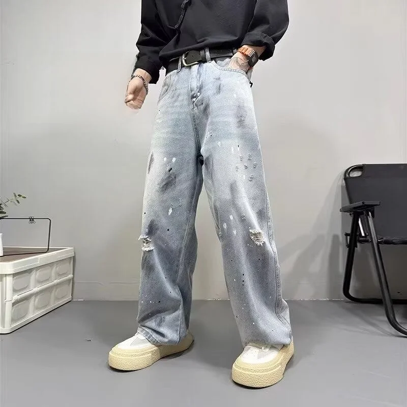 

Мужские джинсы Ice Blue Washed, весна-лето, американский крой Cleanfit, свободные, широкие штанины, удлиненные, средняя посадка, на молнии