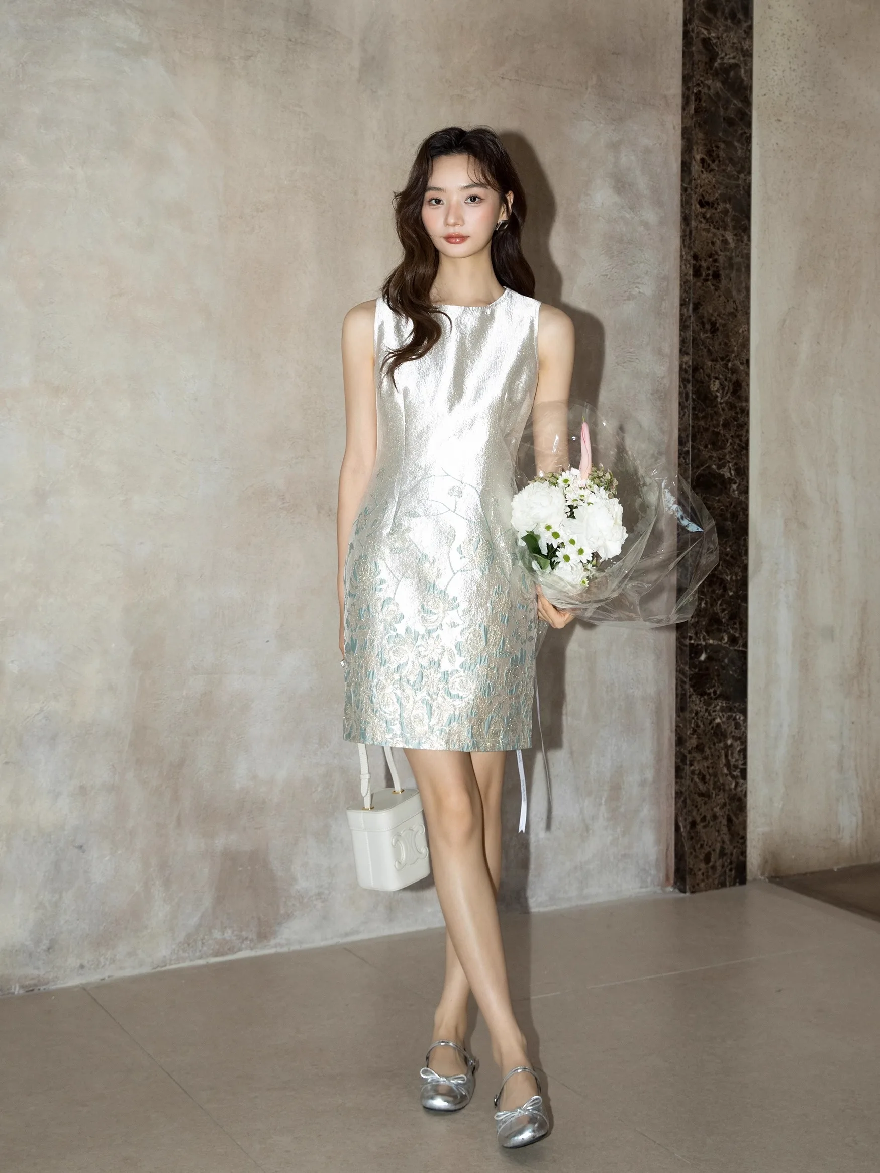 Hoge kwaliteit zware jacquard dame formele jurk nieuwe zomer elegante ronde hals vrouwen mouwloze luxe a-lijn verjaardagsfeestje jurk