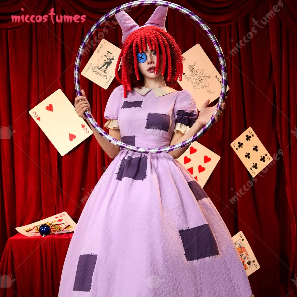 【Ready for Ship】Cosplay.fm Women's Cosplay Costume Rag Doll Purple Patchwork Dress with Belt and Braids Hair Accessories view 3