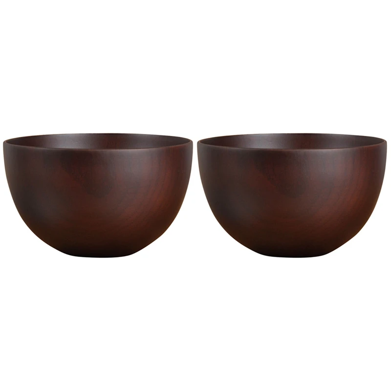 

2X Japanese Style Wooden Bowls, Salad, Noodle, Fruits And Cereal Wooden Bowl Tableware, Red-Brown