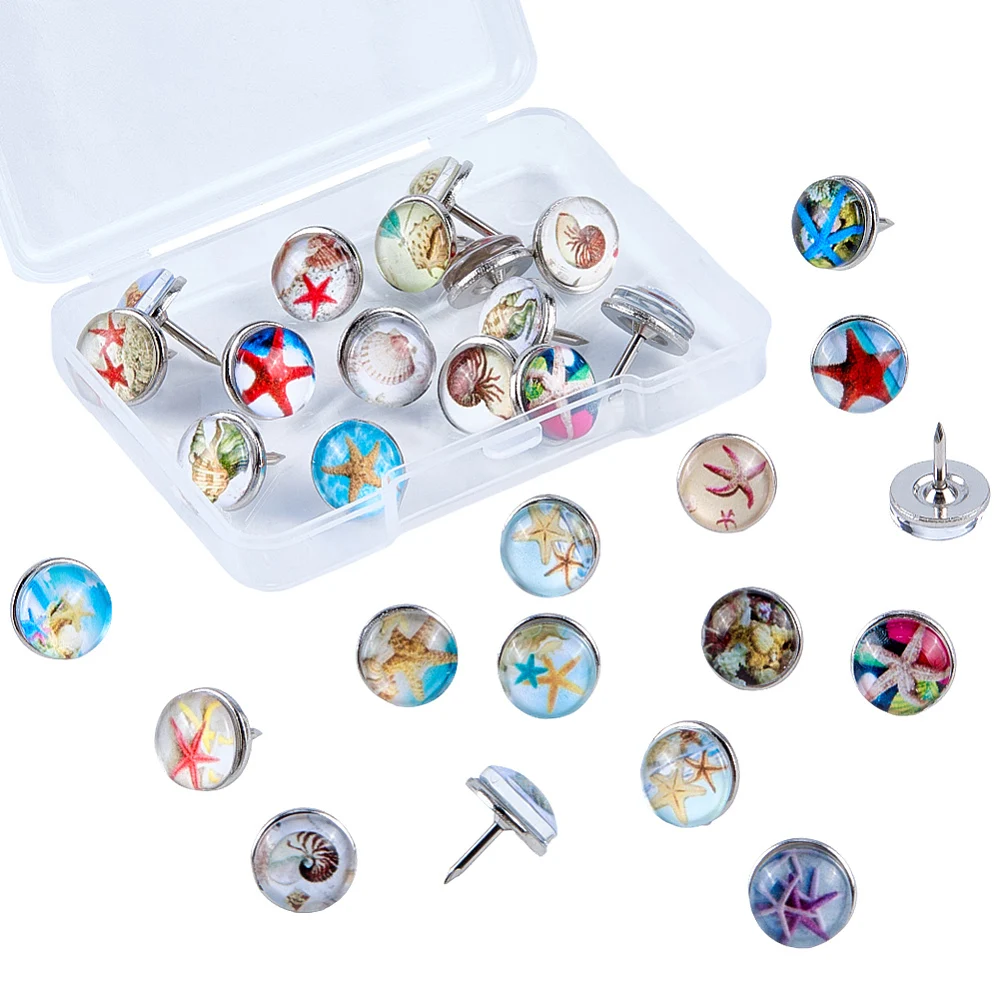 1 Box 30Pcs Starfish Push Pins Ocean Themed Thumb Tacks Glass Cabochons Flatback Random Sea Shell Conch Decorative Pushpins