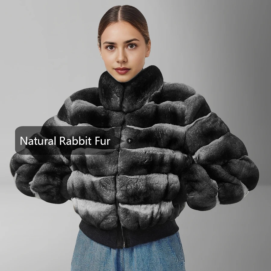 숏 레알 렉스 토끼털 재킷 스탠드 칼라 친칠라 컬러 퍼 코트 봄버 재킷 신상 여성 진짜 가죽 재킷