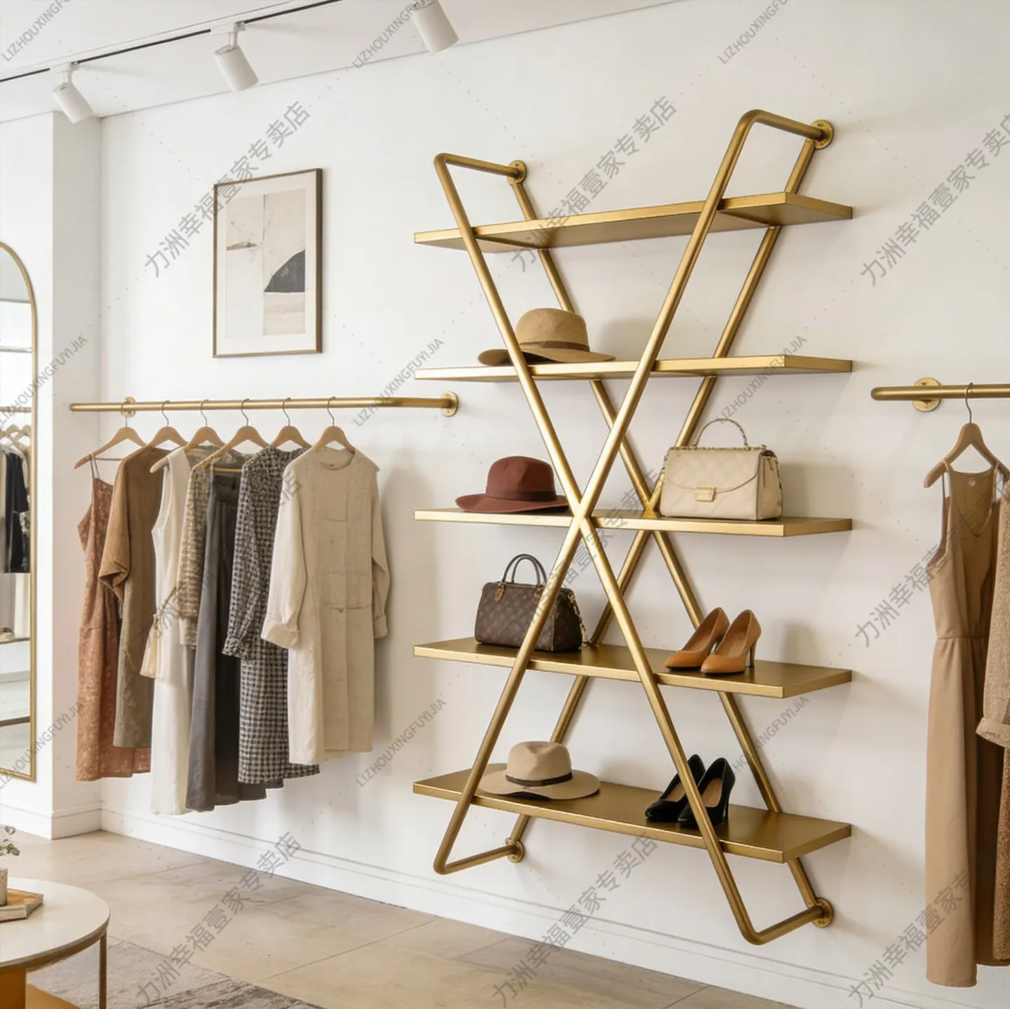 Clothing store laminate rack on the wall, multi-layer Korean decoration style wrought iron shoe bag display rack, shoe bag