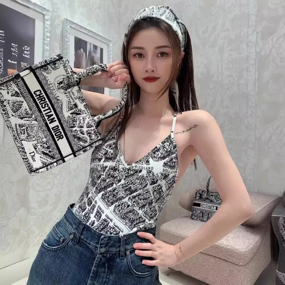 

2024 Summer New Product Map Print Camisole Small Tank Top One-piece Swimsuit with Two Piece Design Versatile and Slim Fit