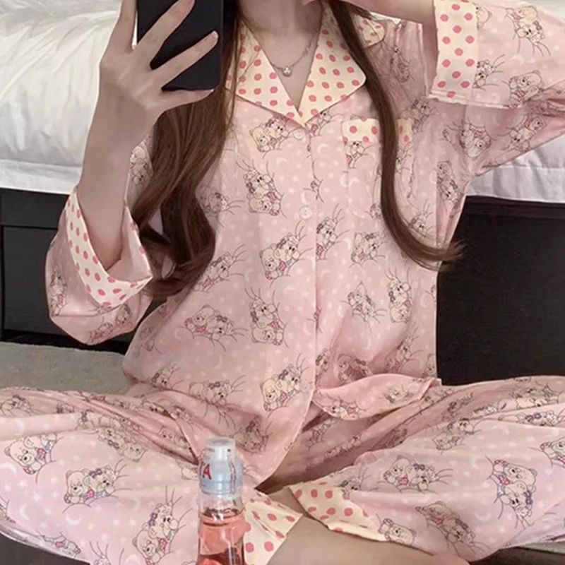 Long Sleeves Long Pants Satin Silk Pajamas Women Spring Summer Cardigan Bear Sleepwear Thin Homewear Sweet Pyjamas Girl Pijamas