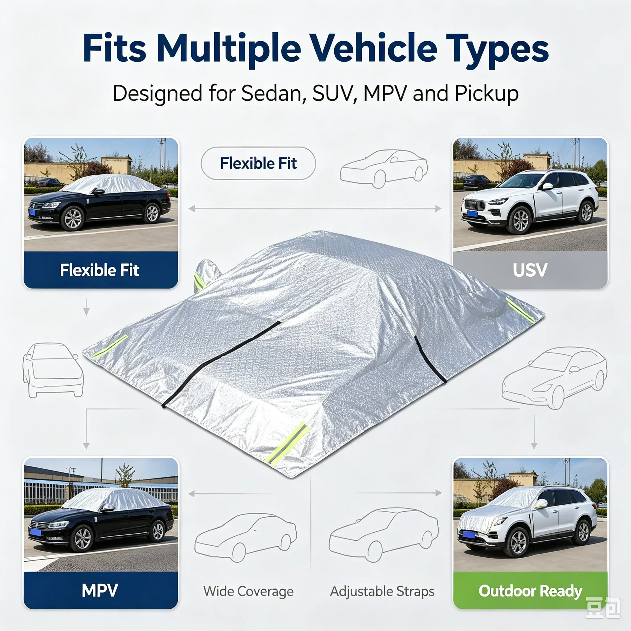Aluminum Foil Reflective Half Car Cover Waterproof Sun Shade Anti‑Snow Dust Shield For Sedan SUV MVP Pickup