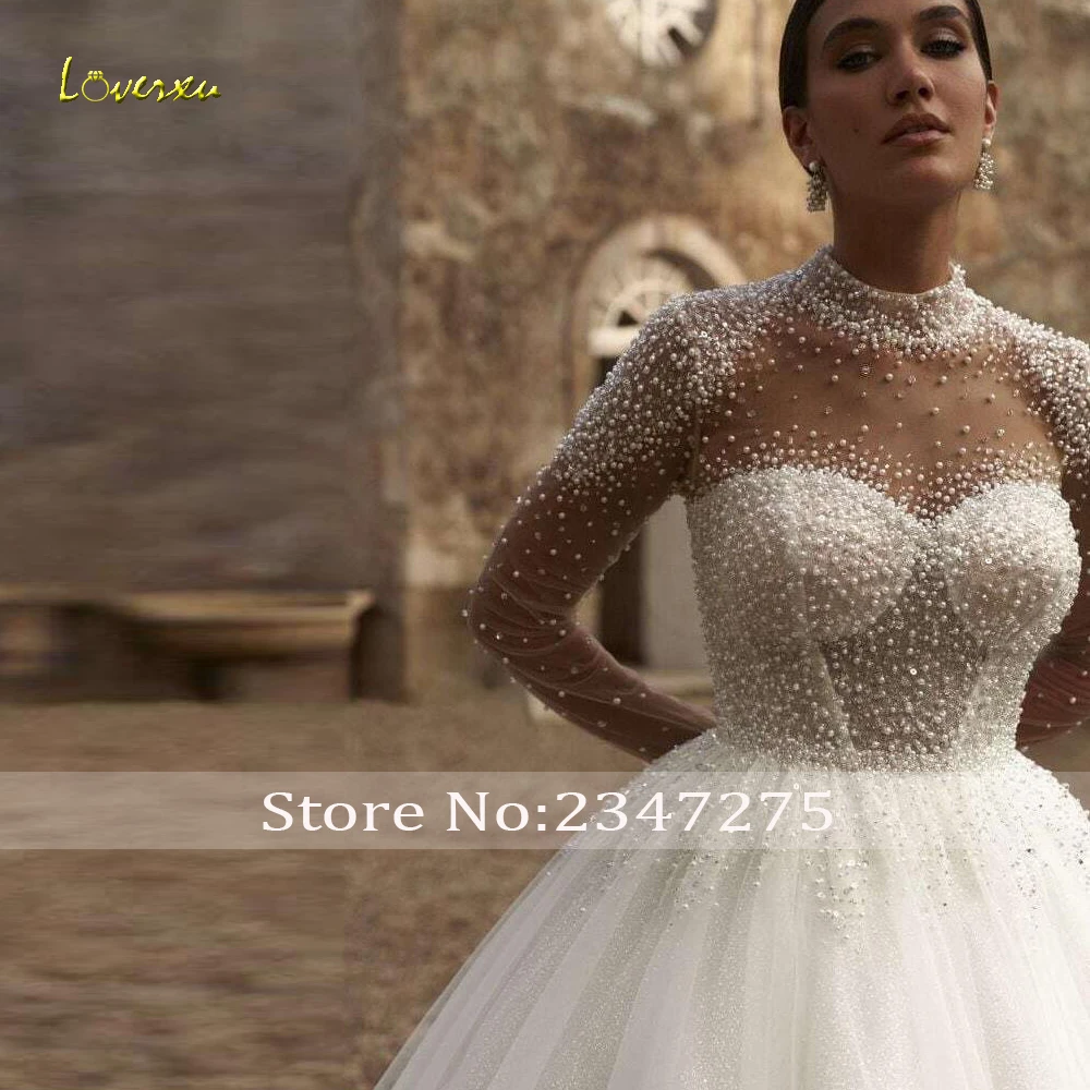 Suknie ślubne Loverxu w kształcie litery A z brokatem dla kobiet, z wysokim dekoltem, Vestido De Novia, koronkowe, zdobione koralikami, w stylu vintage, szyte na miarę, Robe De Mariee