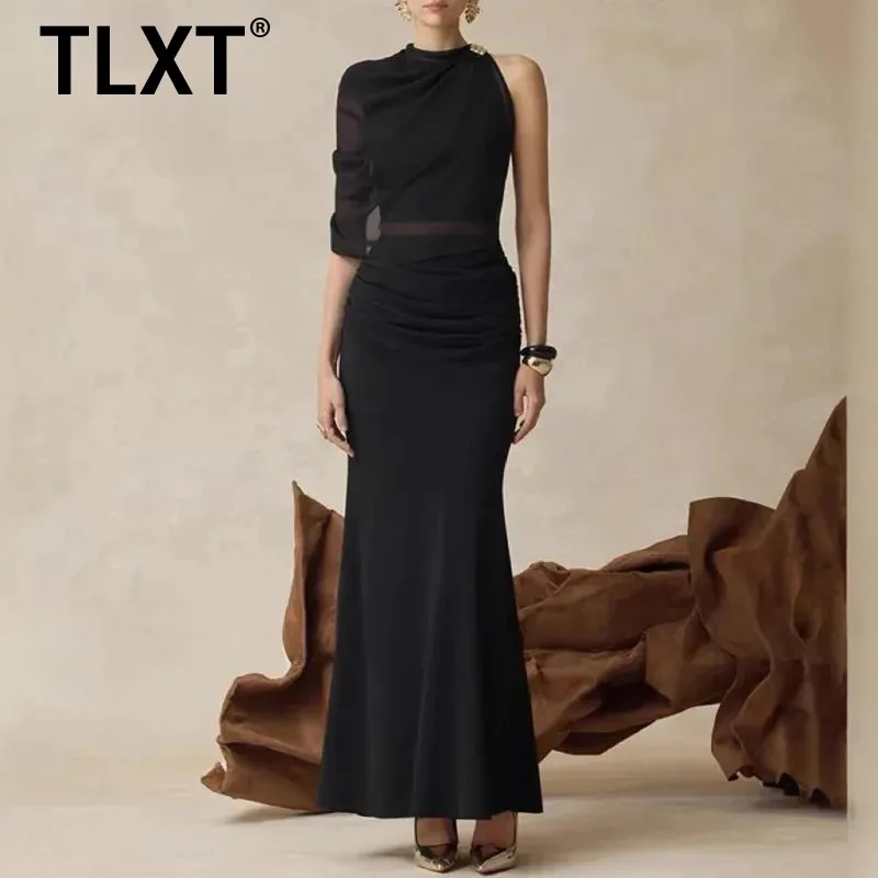 

TLXT Fashion Elegant Women's Irregular 2 Pcs Set Single Shoulder Asymmetry Gauze Top Pleated Mermaid Skirt Party Sets 2026 New