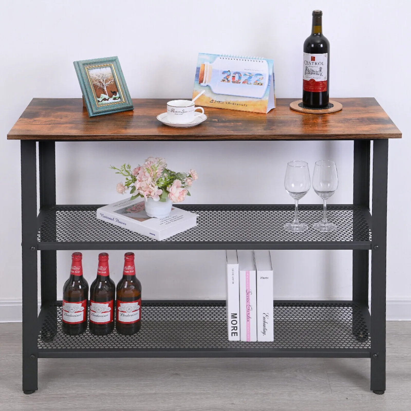 Mesa de consola rústica de 3 niveles, mueble de pasillo de Metal Industrial con estante de almacenamiento, muebles de bar para el hogar, mini mesa de bar