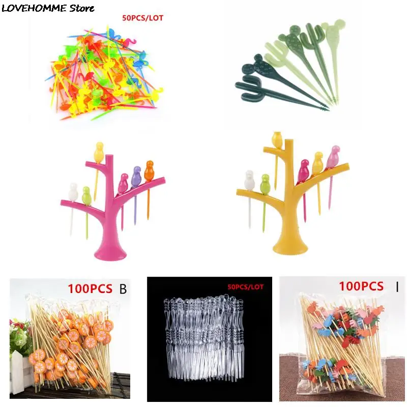 6/50/100pcs Mini Plastic Fruit Fork Tree Birds Dessert Fork Set Vegetable Food Cocktail Picks Dinnerware Food Decor for Kids