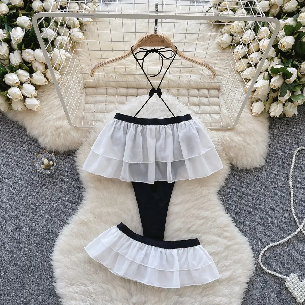 

Patchwork Double Layer Ruffle Edge Spicy Girl Lace-up Strap Jumpsuit Strap Erotic Lingerie Sexy Set Short Dress Bow Sweet Hot