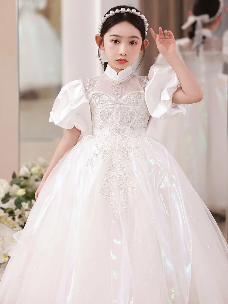 Birthday Party Flower Girls Dress Wedding Evening Palace retro white Children Princess Pageant Long Gown Kids Dresses for Girls