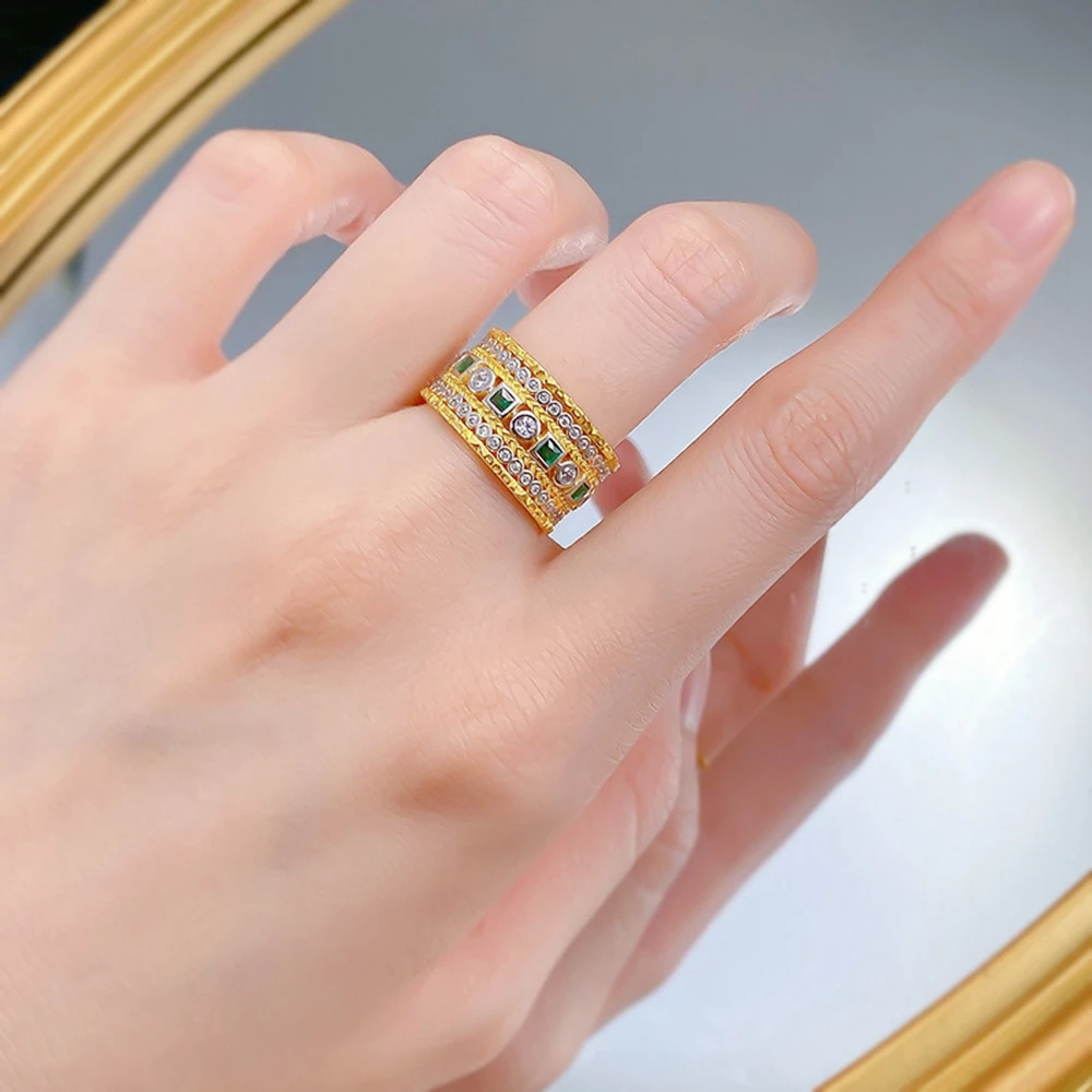 Wong Rain 18K Gold Plated 925 Sterling Silver Emerald High Carbon Diamond Gemstone Bohemia Ring for Women Wedding Party Jewelry
