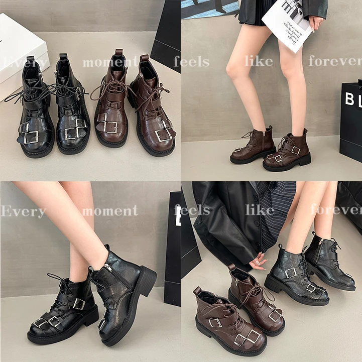 Women Square Buckle Lace Up Ankle Boots Side Zipper Distressed Leather Low Heel Punk Short Boots Spring Autumn Casual Footwear