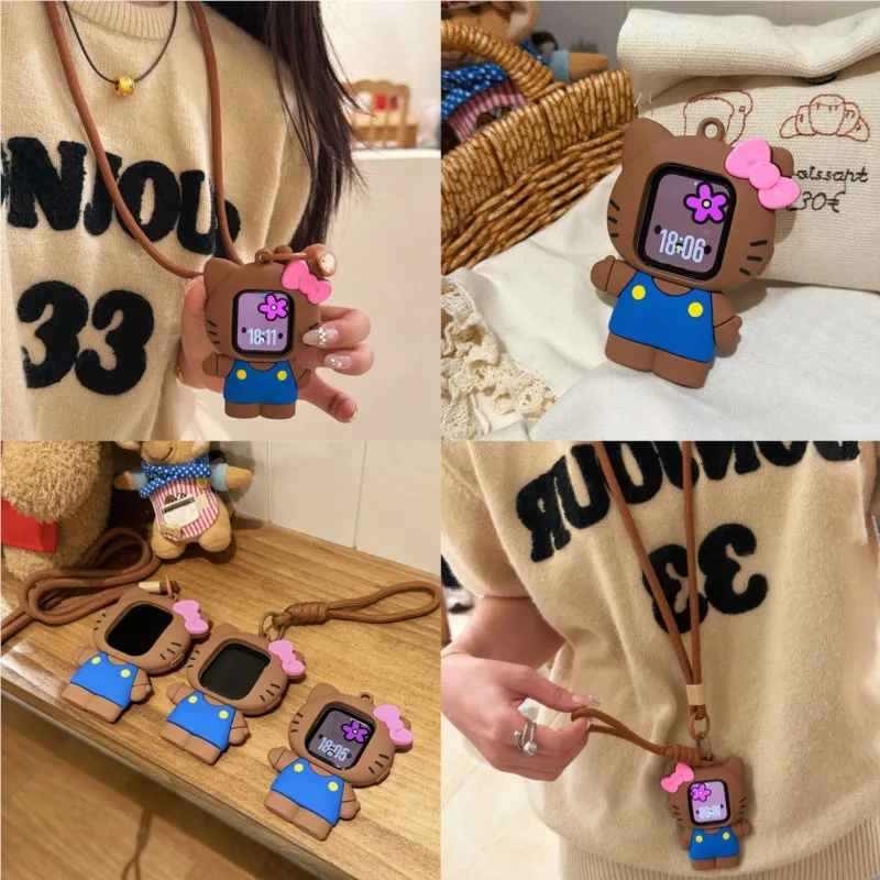 3D Cartoon Black Brown Kitty Lanyard Case For Apple Watch Sport 1/2/3/4/5/6/7/8/9st Gen S10 S11 Ultra SE 38/45/41/44/42/46/49mm