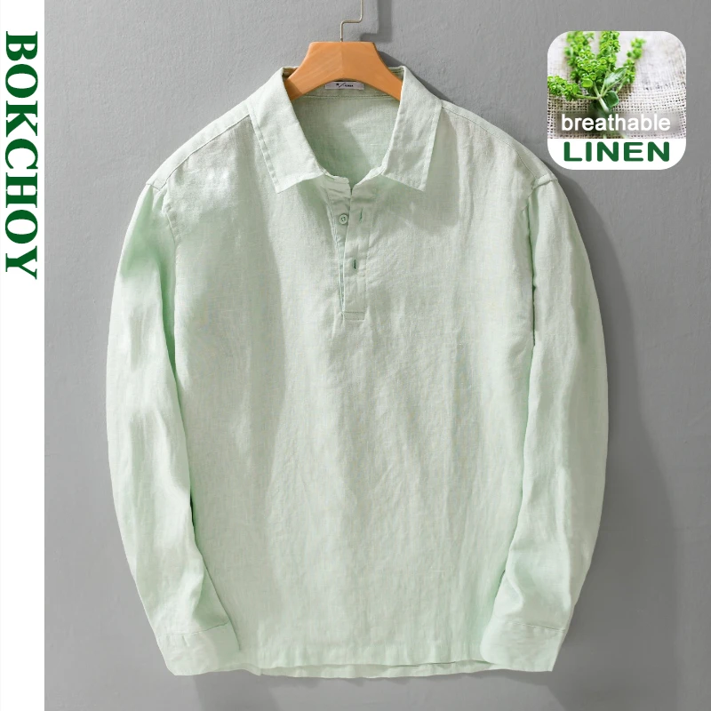 

Осень 2022, новый повседневный пуловер из 100% льна, рубашка с длинными рукавами для мужчин, однотонная универсальная уличная одежда FY3137