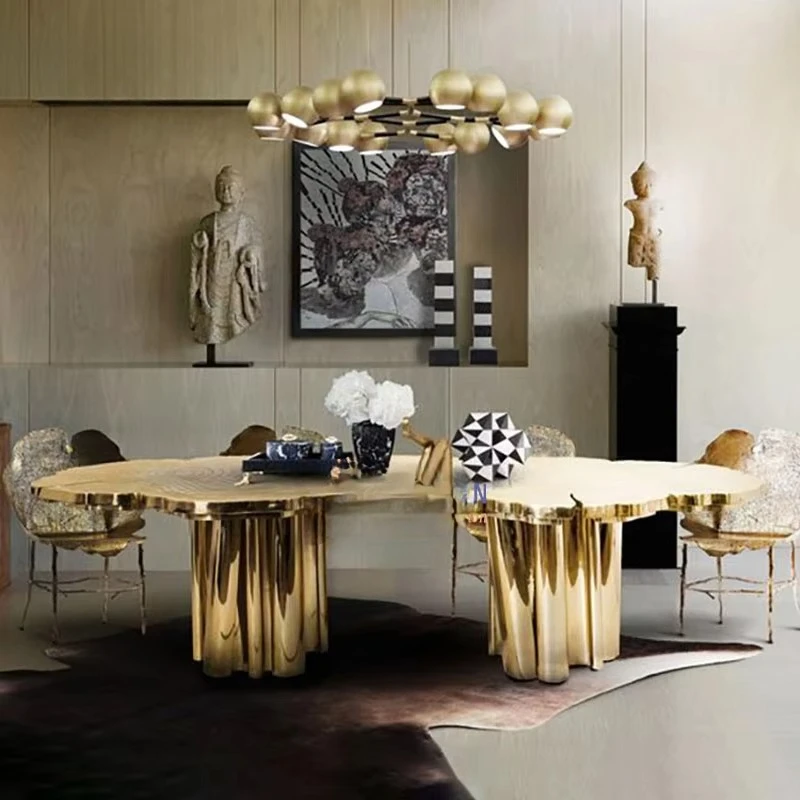 Italian Style Modern Luxury High End Gold Stainless Steel Dining Table Set for Villa Hotel & Kitchen Use