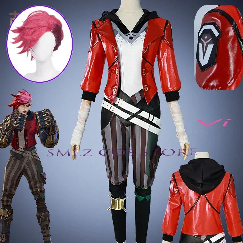 

Game LOL Arcane Vi Cosplay Costume Piltover Enforcer Outfit Vi Uniform Red Wig Suit Halloween Carnival Role Play Props Woman