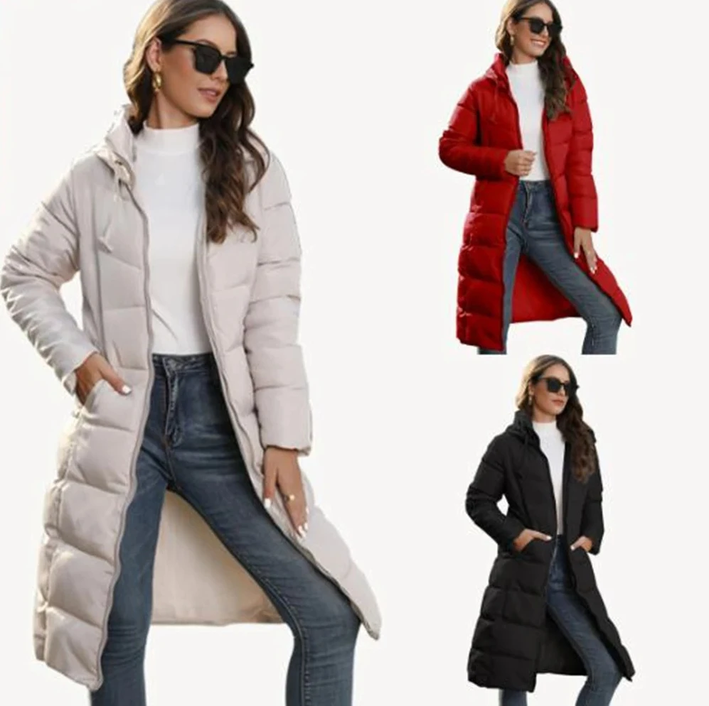 

Warm Winter Padded Coat Women's Mid-Length Slim Down Jacket Quilted Hooded Long Sleeve