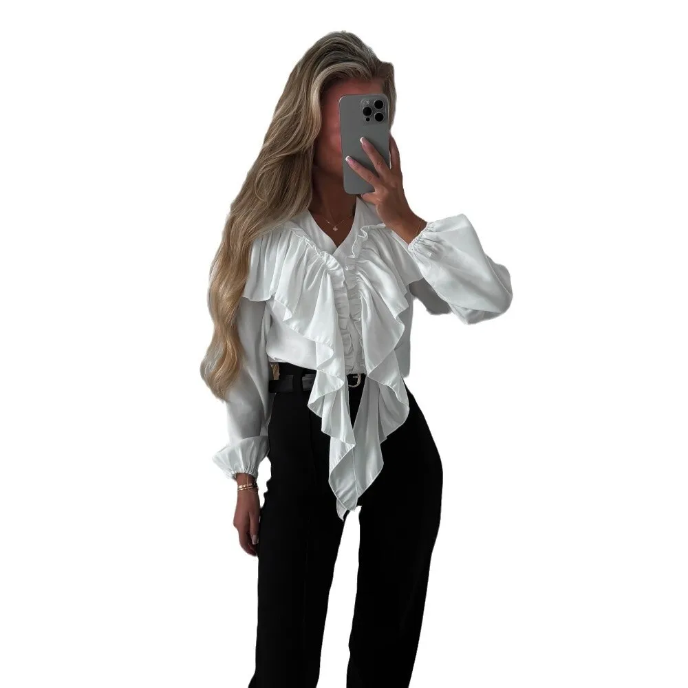 Women's New Spring Autumn Blouse Elegant Workplace Ruffled Design Casual V Neck Sophisticated Top