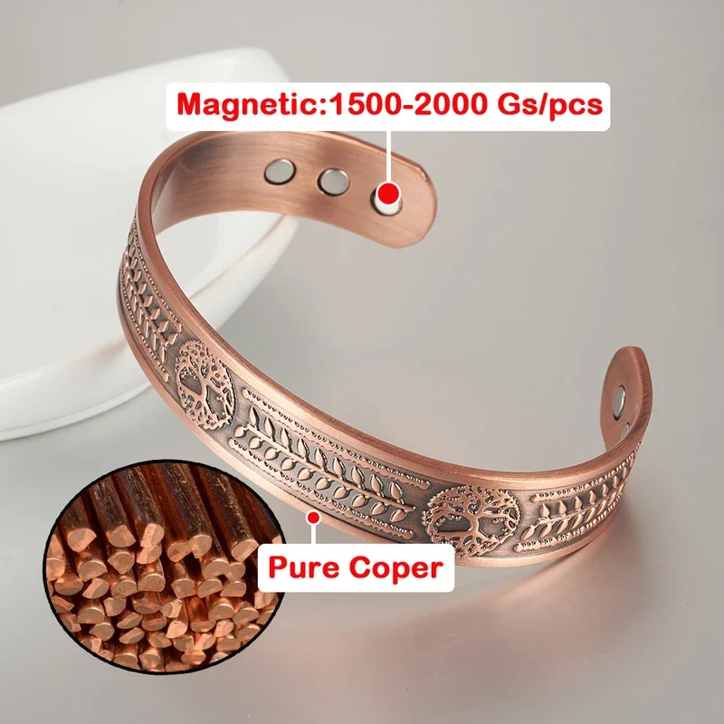 Yggdrasil Viking Pure Copper Bracelets Magnetic Adjustable Vintage Cuff Bangle 15mm Health Energy High Magnet Jewelry Resizable