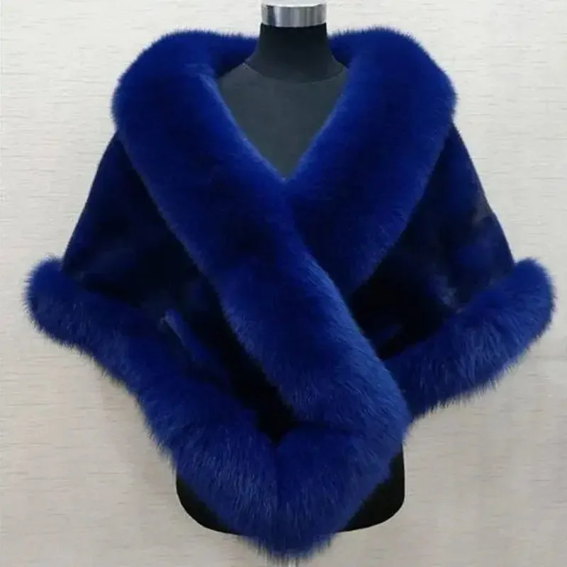 ผู้หญิง Faux FUR Fox เสื้อ Shawl Cloak Coat หนาเปิด Elegant Maxi งานแต่งงานที่อบอุ่นทํางานหนา Outerwear ฤดูใบไม้ร่วงฤดูหนาว