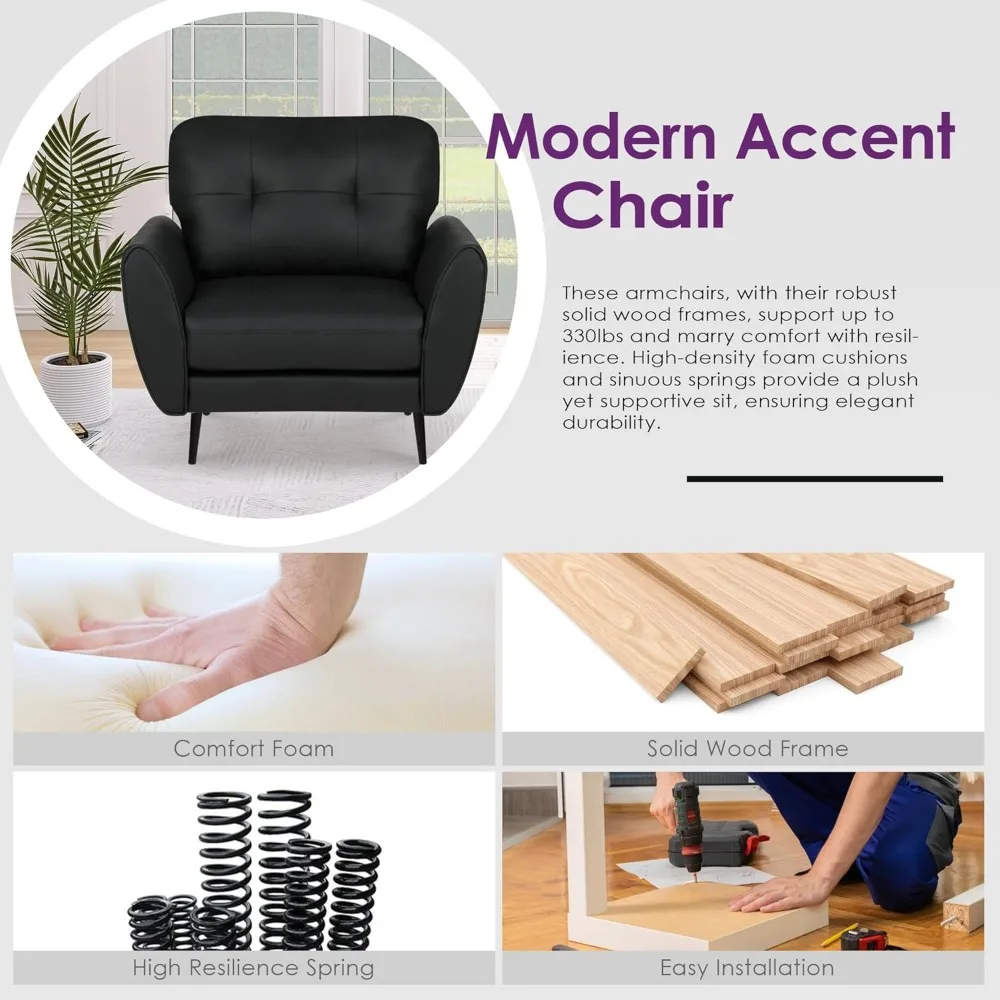 كرسي عصري مريح من الجلد الأسود لغرفة المعيشة بتصميم معنقدة ونمط منتصف القرن