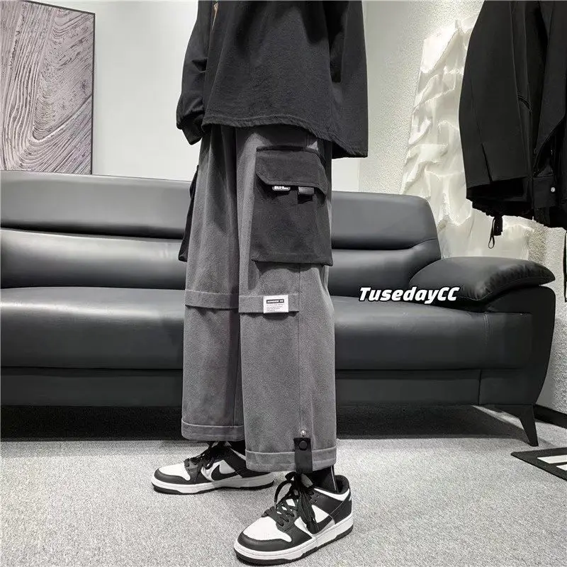 Streetwear Korean Wide Leg Cargo Pants Men Straight Baggy Sweatpants Male Fashion Function Pocket Casual Trousers