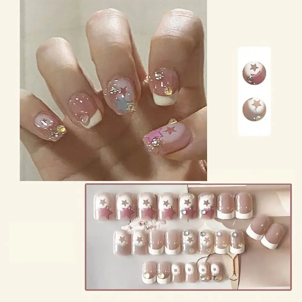 24Pcs/Box Full Cover Dopamine Fake Nails Detachable Rhinestone False Nail Fashion Flash Nail for Women Girl