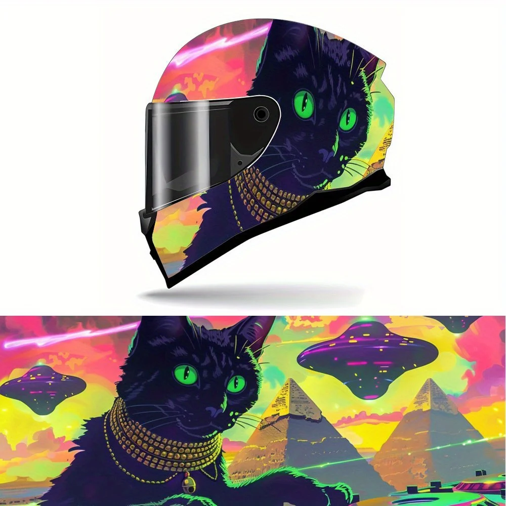 

UFO and Pyramid Design Cyberpunk Cat Motorcycle Helmet Decal, Self-adhesive Waterproof Helmet Vinyl Wraps Decoration, Universal