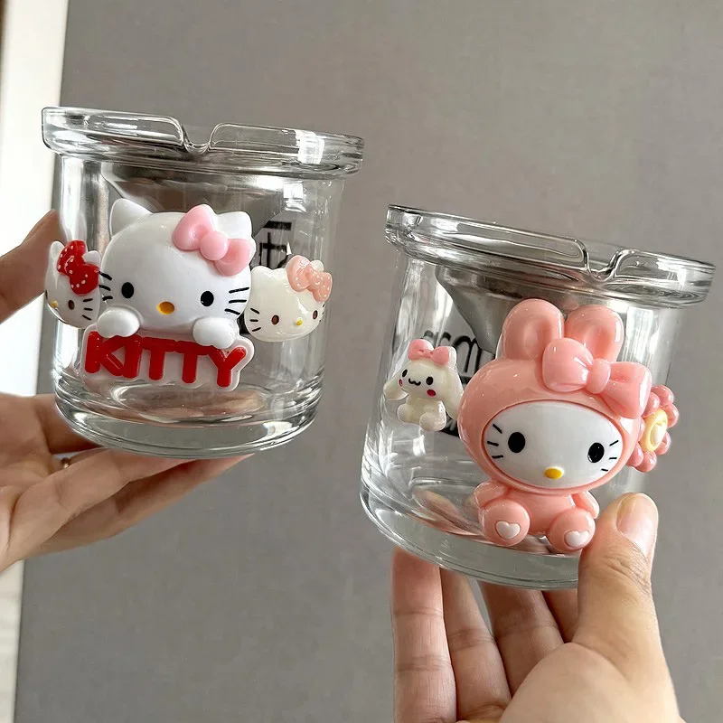 Hello Kitty Cute Funnel Ashtray Kawaii Anime Accessories Home Drawing Room Office Car Soot Dustproof Glass Ashtray Cartoon Gifts