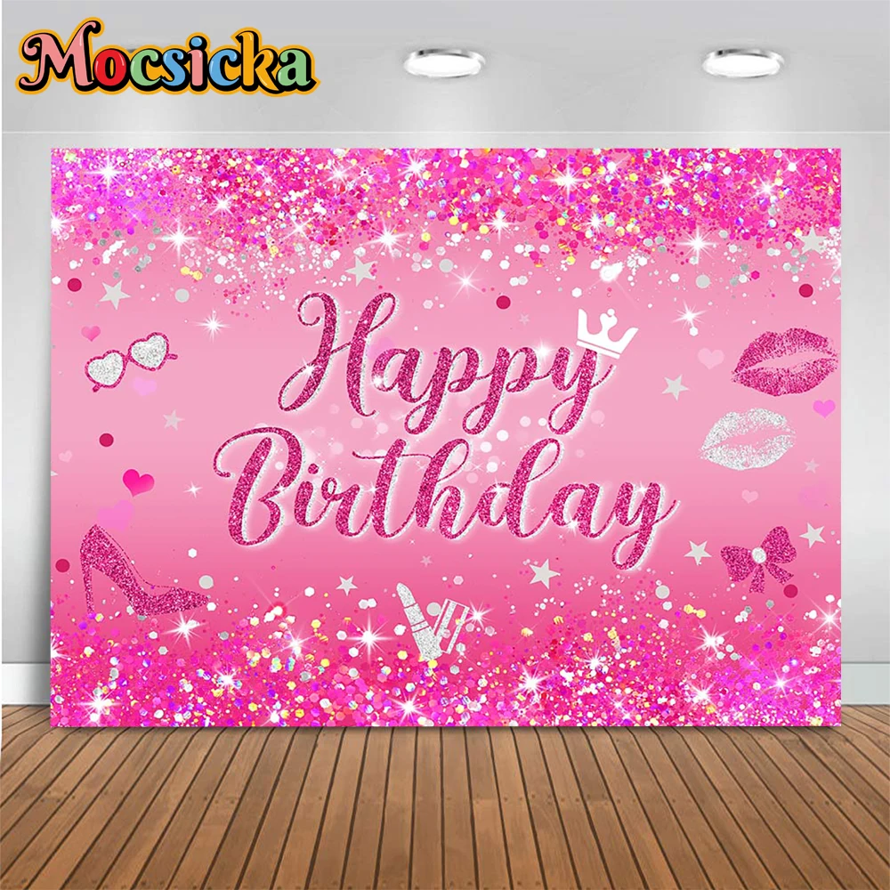 Mocsicka Pink Diamond Sweet Girls 21st Birthday Background Prop Crown High Heels Bachelorette Party Photography Backdrop Banner