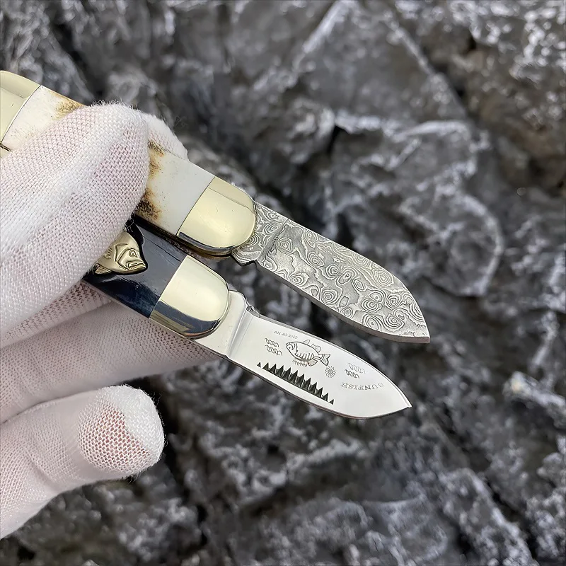 EDC, high-quality minnows mini antler folding, Damascus steel, outdoor knife pocket knife, handy pocket knife