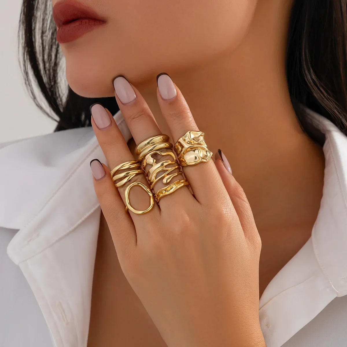 Folds Couple Rings for Women Ins Style Trendy Women's Stainless Steel Jewelry Sets Personality Irregular Hollow Metallic Feeling