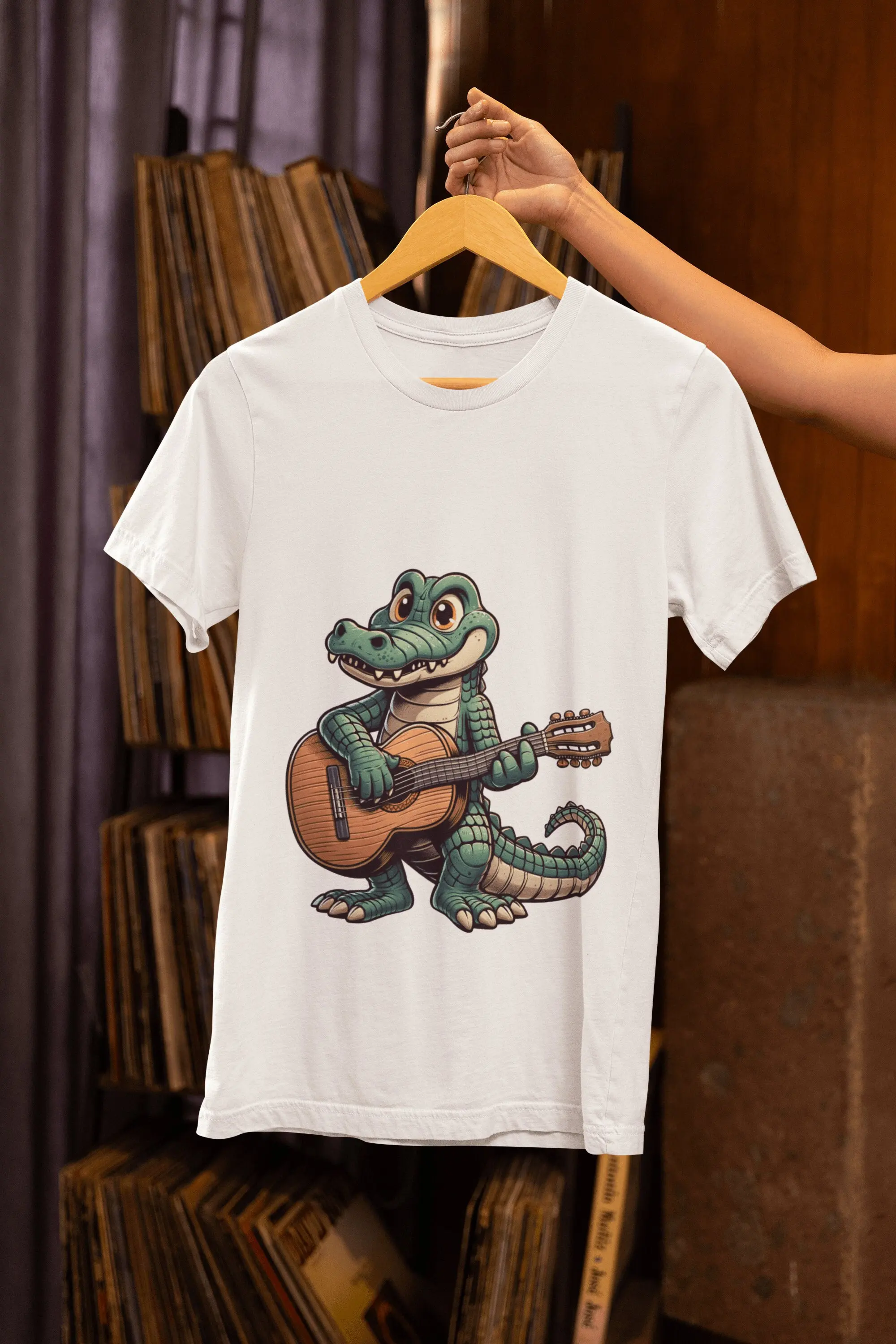 Unique Crocodile Musician T Shirt Green Guitarist Animal Top for Cool Idea Music Lover