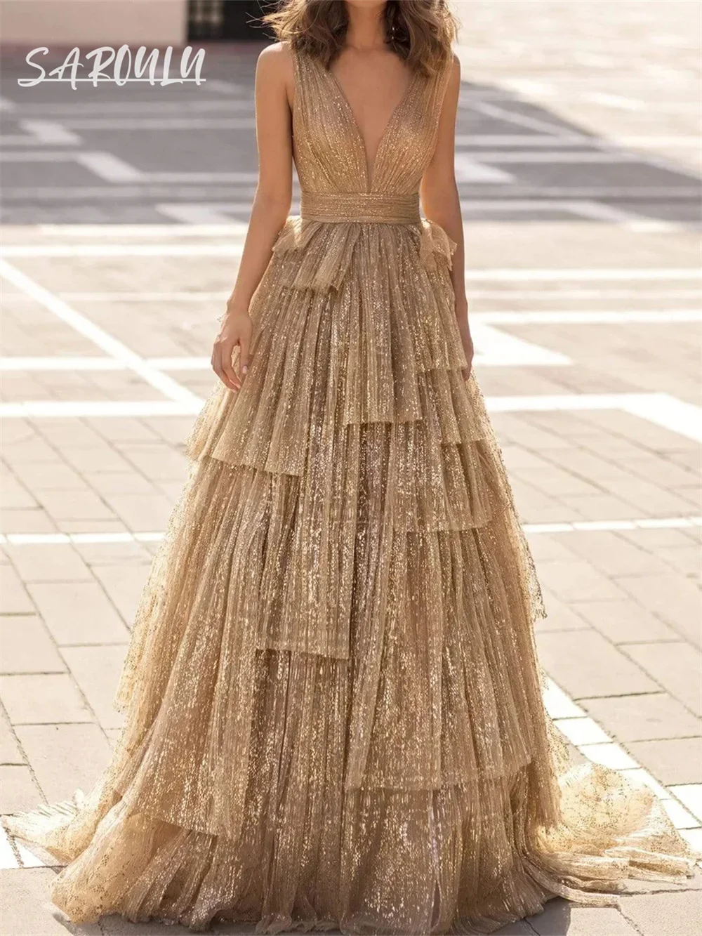 

Gold Tiered Glitter Prom Dress A Ling Long Customized Evening Dresses V Neck Tank Sleeves Party Gown Cocktail Birthday Dresses
