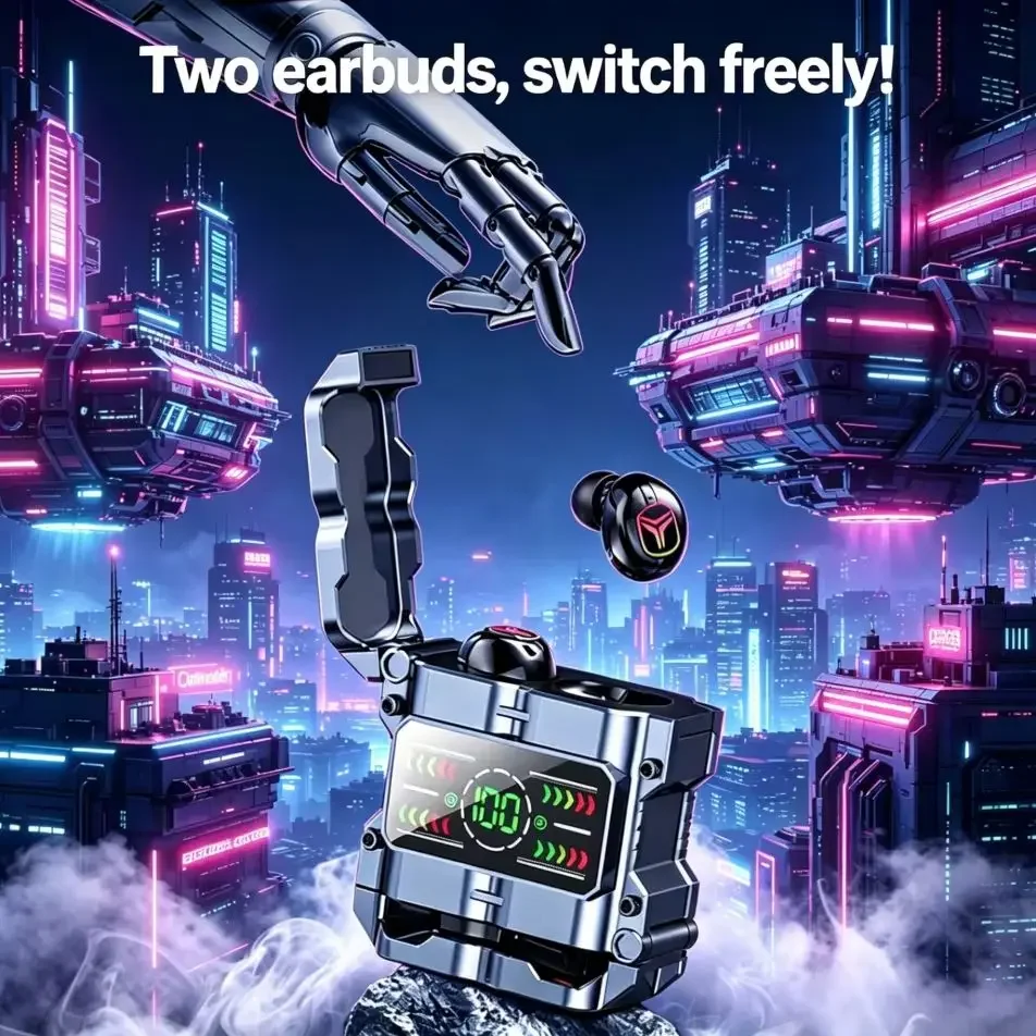 Mecha TWS Bluetooth 5.3 Gaming Earbuds Creative Two Pairs Earphones Design Low Latency LED Digital Display for Gamer Music