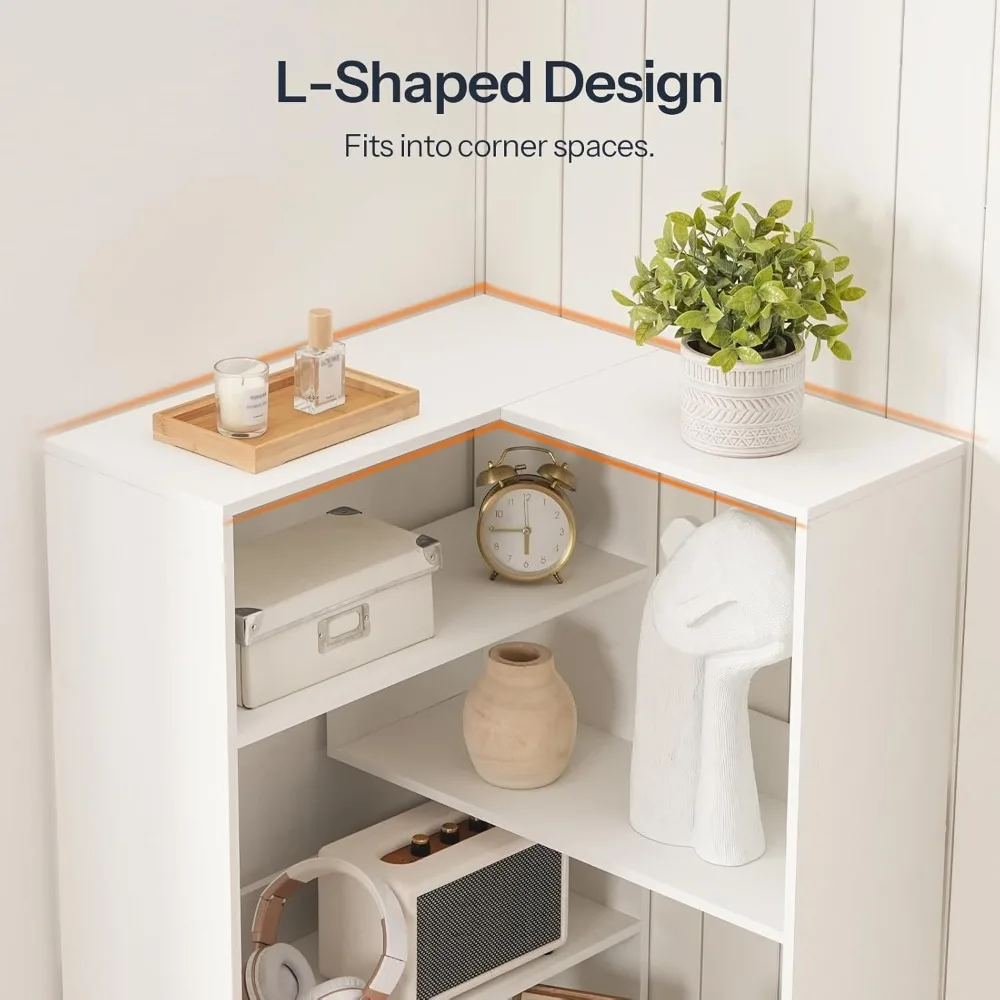 رف كتب زاوية، خزانة كتب على شكل حرف L بطول 65 بوصة مع حواجز، رف زاوية خشبي، رف عرض تخزين حديث للكتب