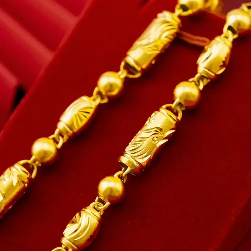 

9999 Real Gold 24K Men's 8n Dragon and Phoenix Air Tube Olive Bead Necklace Dragon and Phoenix Pattern Necklace