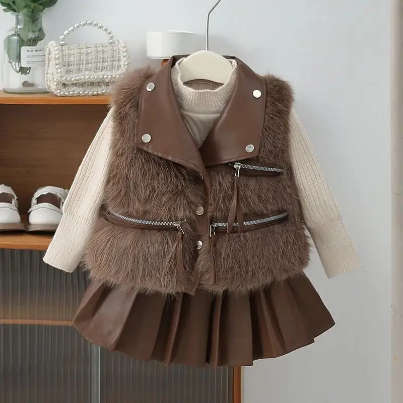 

Girl's Velvet Thickened Set 2025 New Western Style Sweater Baby Children's Fur Vest Sweater Skirt 3-Piece Set Autumn/Winter