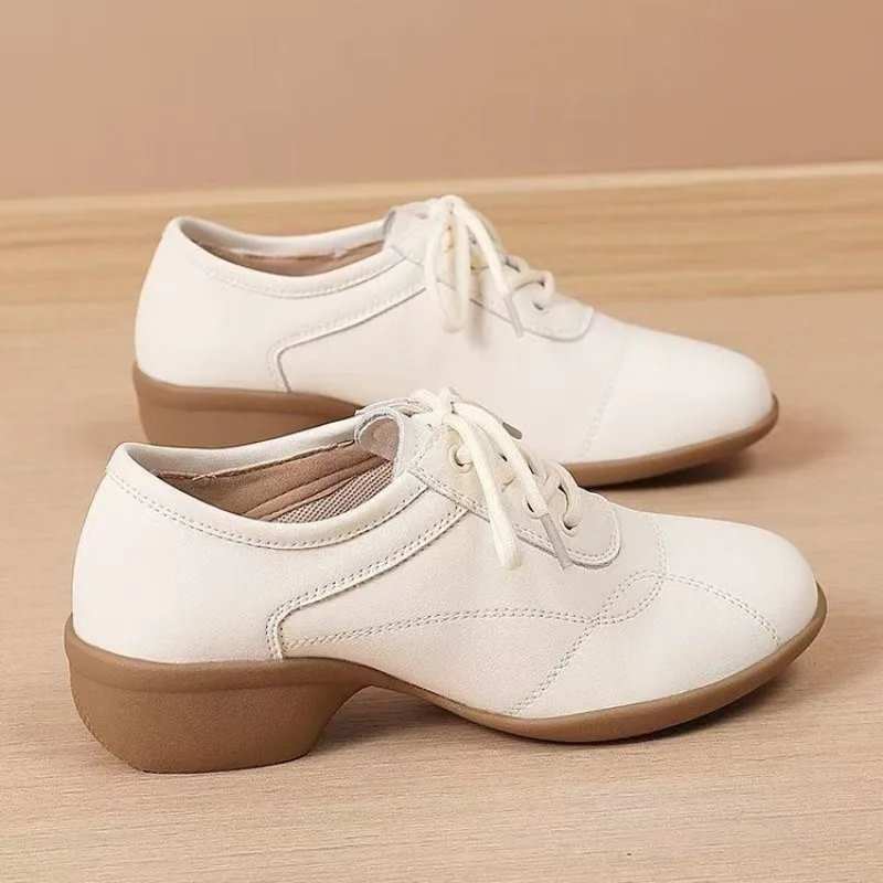 Women Low Heel Dance Sneakers Lace‑Up Soft Faux Leather Round Toe Non‑Slip Ballroom Dancing Shoes view 2