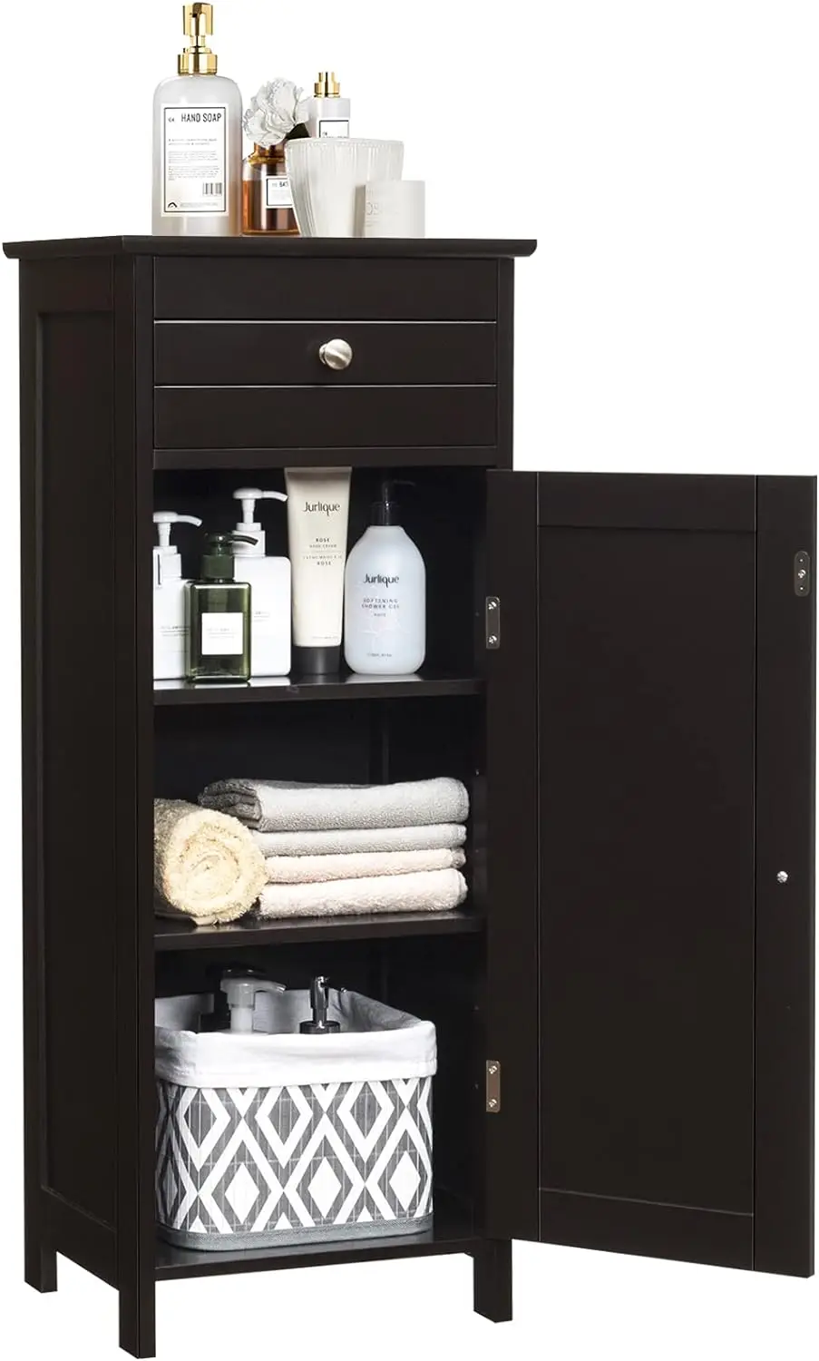 

Comfort Corner Bathroom Floor Cabinet, Free-Standing Wooden Floor Storage Cabinet w/Large Drawer & 2 Adjustable Shelves