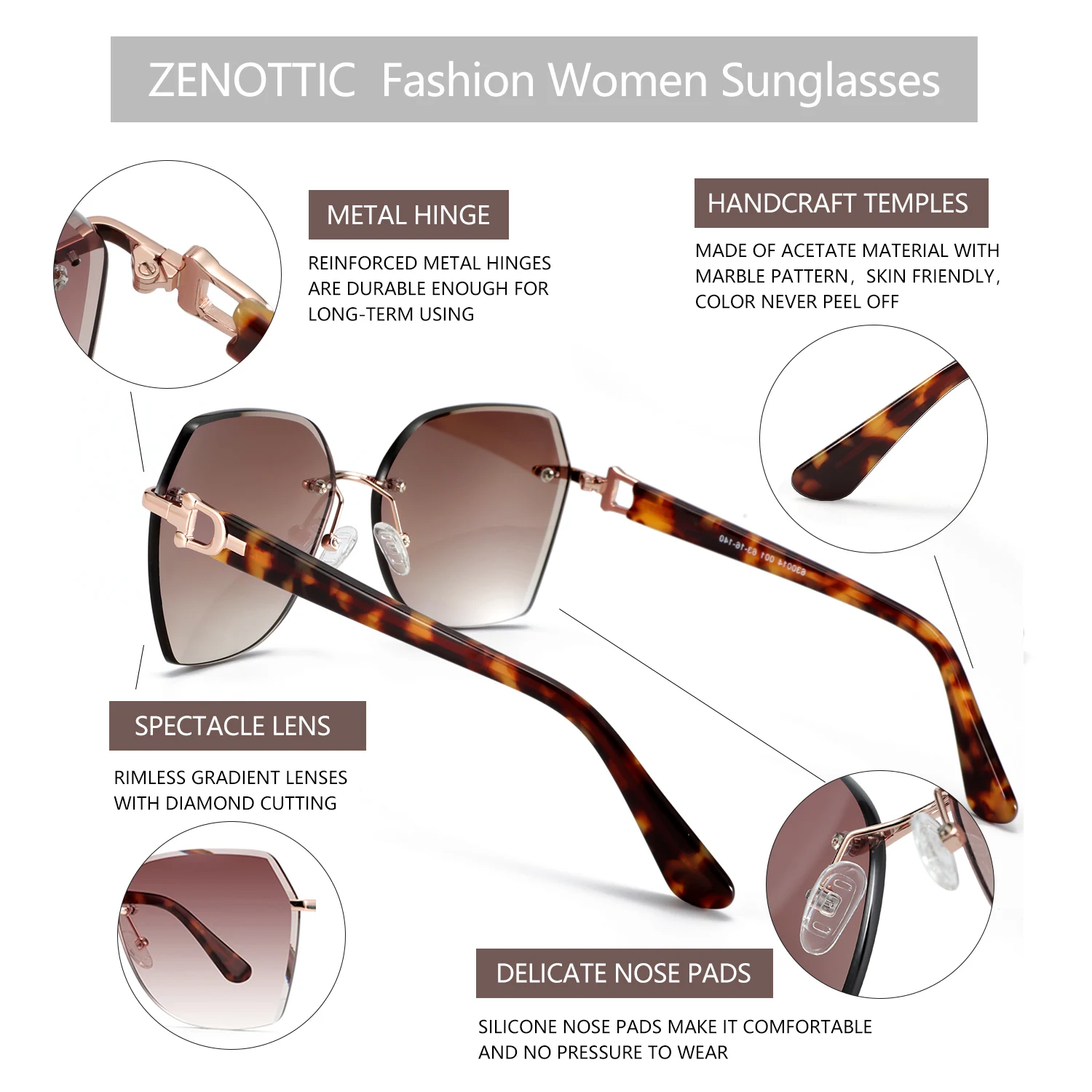 ZENOTTIC Modische Damen-Sonnenbrille ohne Rand, trendige geometrische Diamantschliff-Verlaufsgläser, UV-Schutz – Detail 14