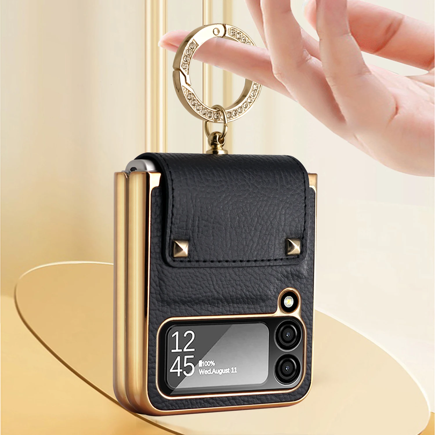 Vietao Z Flip 4 case with ring holder, PU leather mobile phone case with finger ring for Samsung Galaxy Z flip 3 4, z flip 5 6